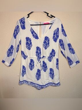 Xtaren Women’s Medium White V-Neck RomperBlue Floral Beach Boho Summer